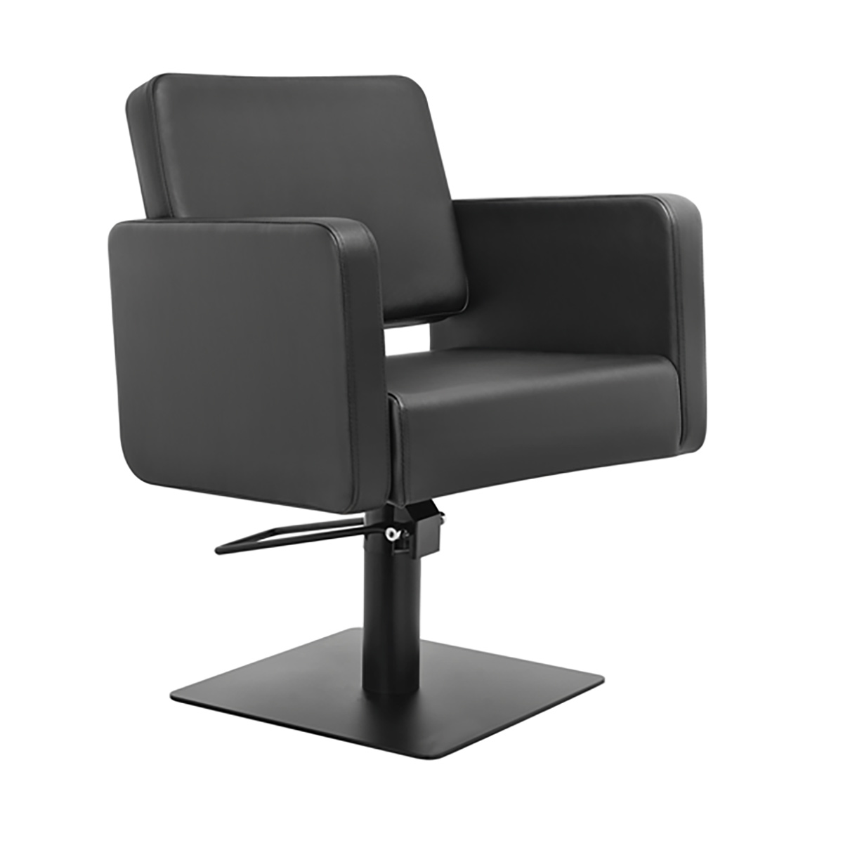 fauteuil de coiffure au design rectangulaire et épuré, composé d'une assise en similicuir noir et pied carré noir avec pompe pour régler la hauteur