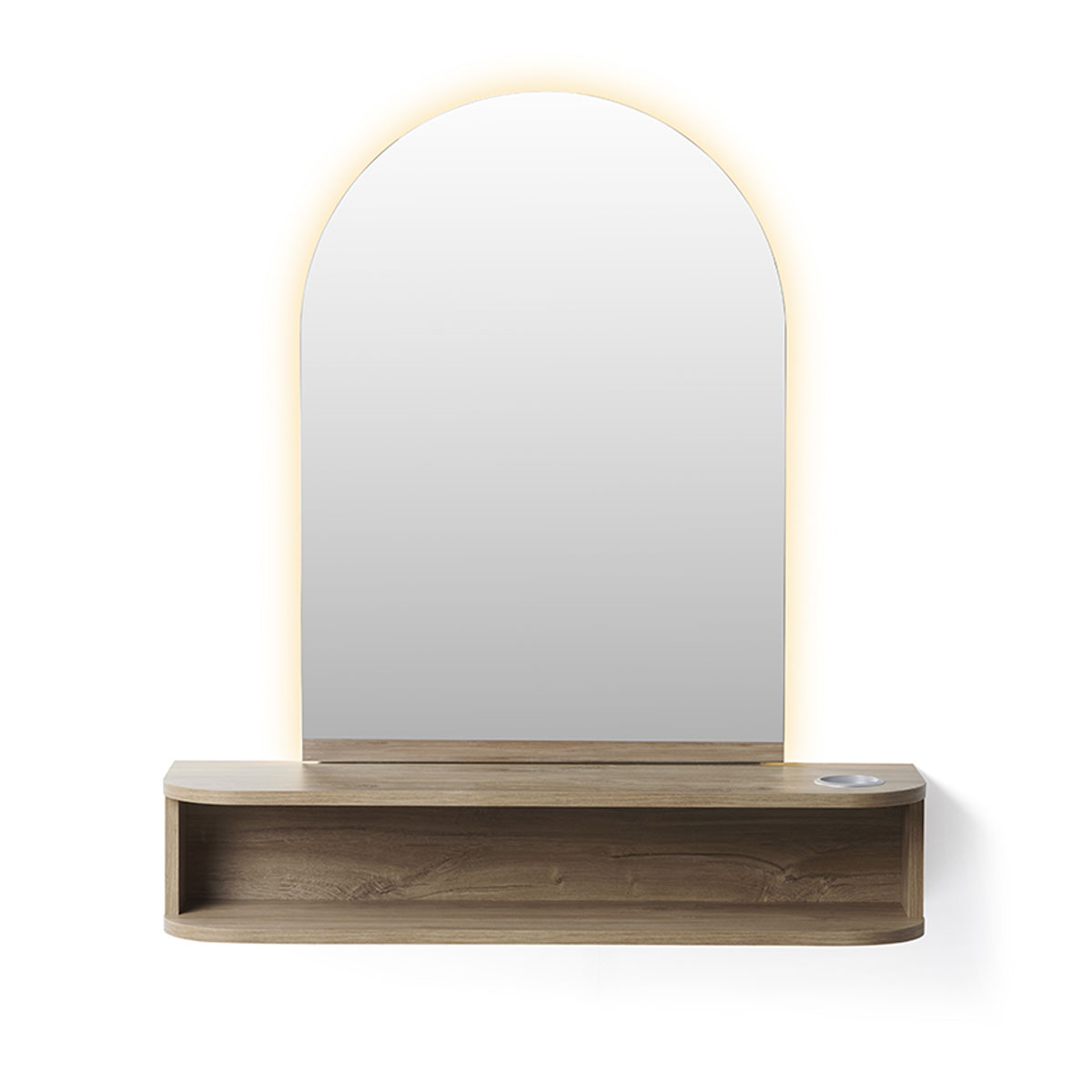 Poste de coiffage mural avec miroir arrondi, tablette avec vide poche, porte séchoir intégré et éclairage led en option