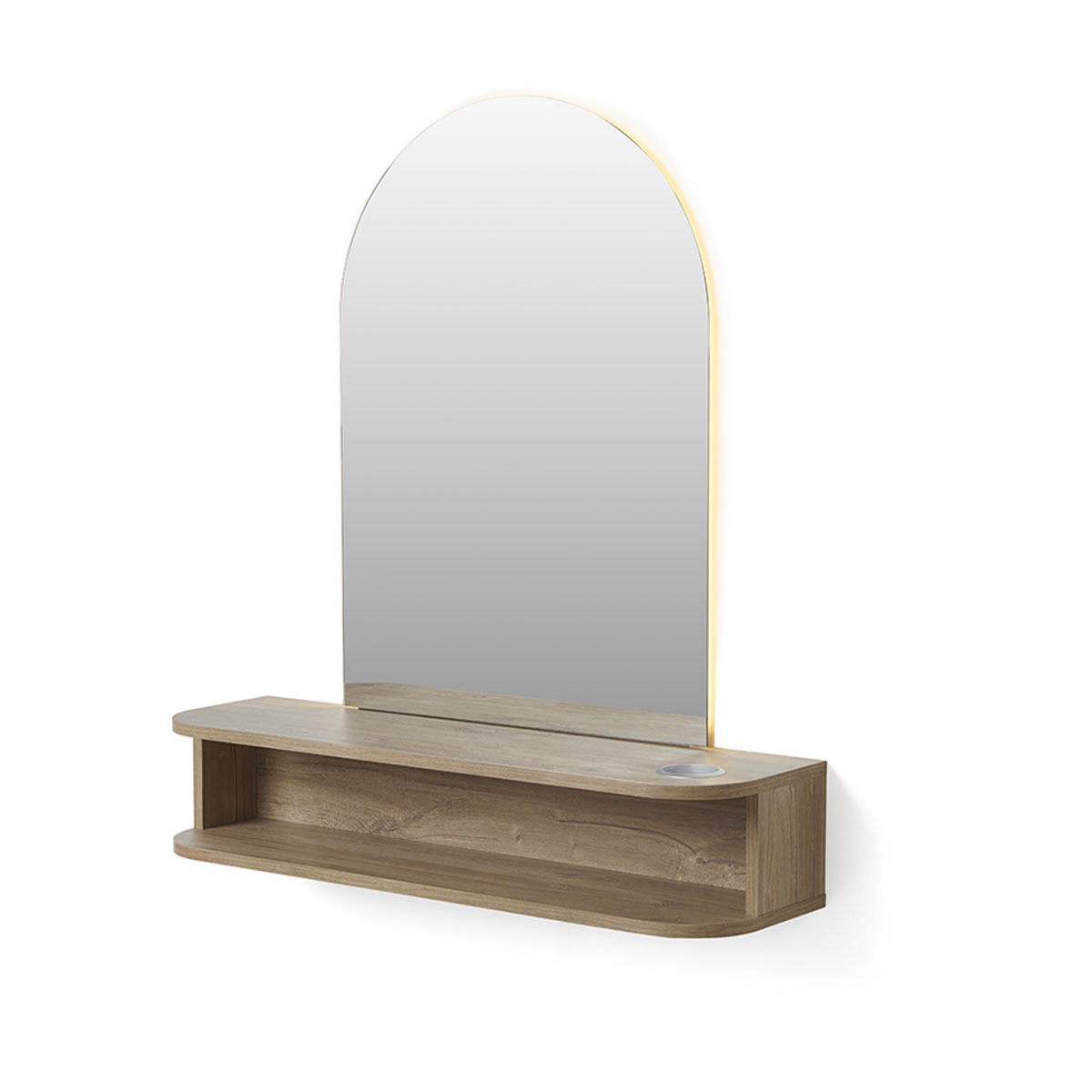 Poste de coiffage mural avec miroir arrondi, tablette avec vide poche, porte séchoir intégré et éclairage led en option