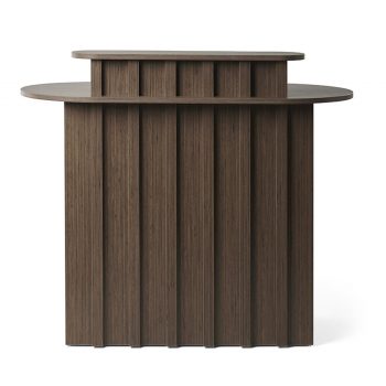 Comptoir d’accueil CORBO présentant son espace de travail, ses rangements et son design en bois stratifié.