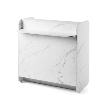 Comptoir de réception moderne avec lignes arrondies et design épuré, idéal pour salon de coiffure ou institut de beauté.