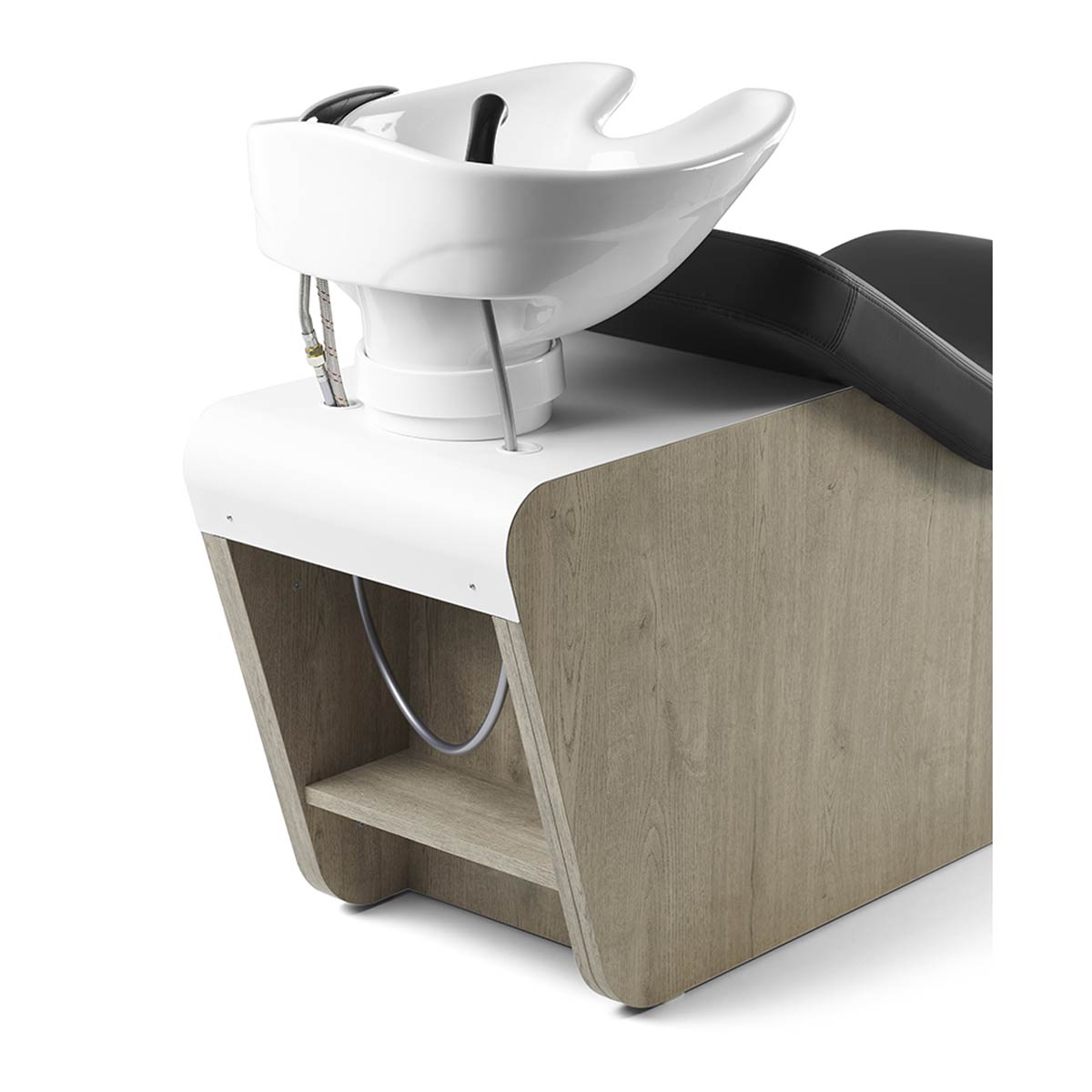 Bac à shampoing en position allongée, idéal pour un moment de détente exceptionnel, finition stratifié et similicuir et couleur vasque aux choix