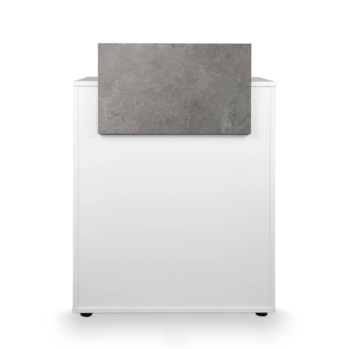 Petit comptoir d'accueil blanc avec élévation en stratifié effet béton ciré gris, rangements et tiroir sécurisé
