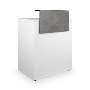 Petit comptoir d'accueil blanc avec élévation en stratifié effet béton ciré gris, rangements et tiroir sécurisé