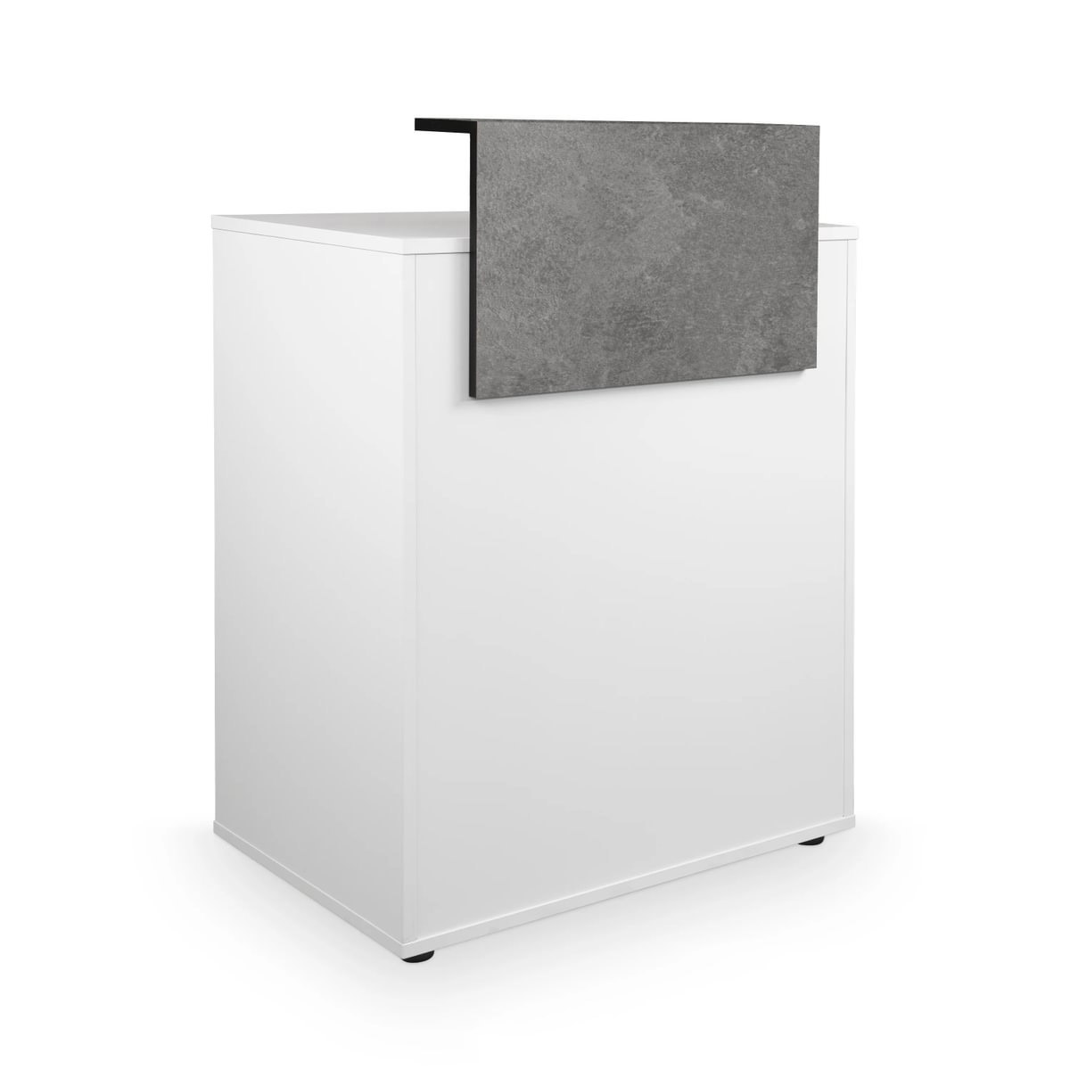 Petit comptoir d'accueil blanc avec élévation en stratifié effet béton ciré gris, rangements et tiroir sécurisé