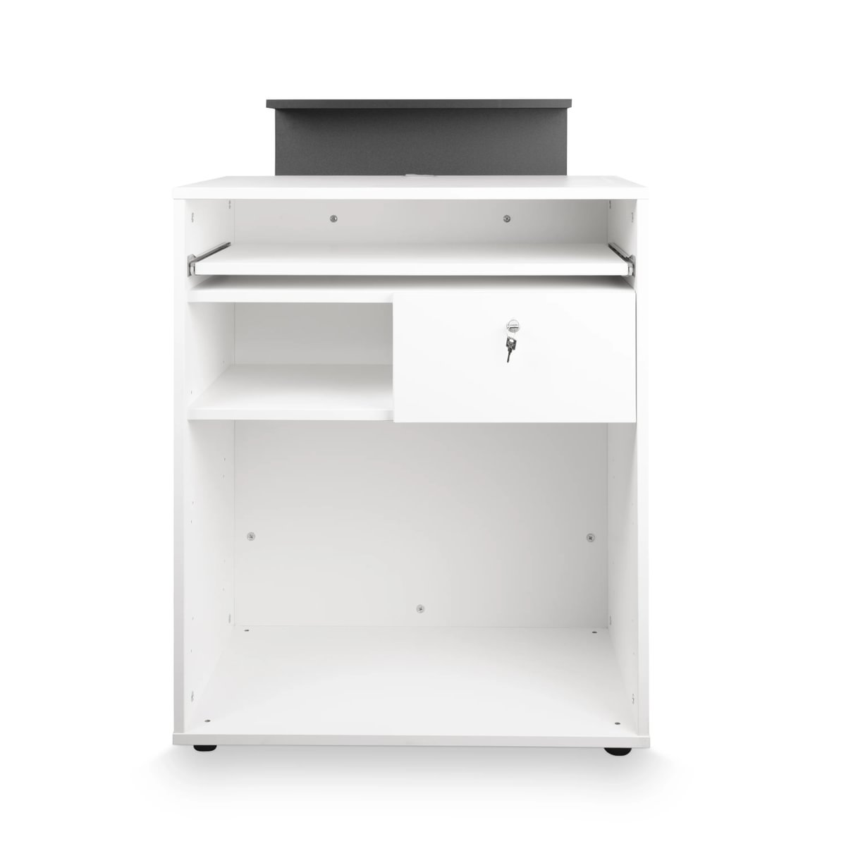 Petit comptoir d'accueil blanc avec élévation en stratifié effet béton ciré gris, rangements et tiroir sécurisé