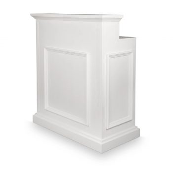 Meuble caisse d'accueil blanc avec moulures en bois massif, design rétro et élégant idéal pour un salon de coiffure ou barber shop