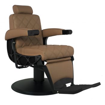 Siège de barbier réglable en hauteur par pompe hydraulique et en position allongée, en métal noir et finition skaï marron taupe