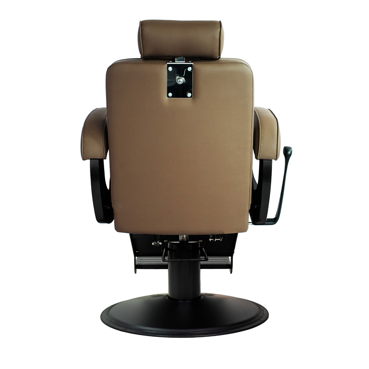 Siège de barbier réglable en hauteur par pompe hydraulique et en position allongée, en métal noir et finition skaï marron taupe