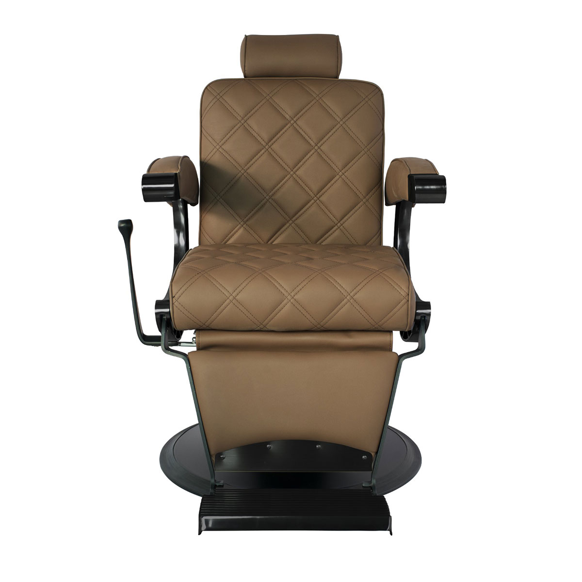 Siège de barbier réglable en hauteur par pompe hydraulique et en position allongée, en métal noir et finition skaï marron taupe