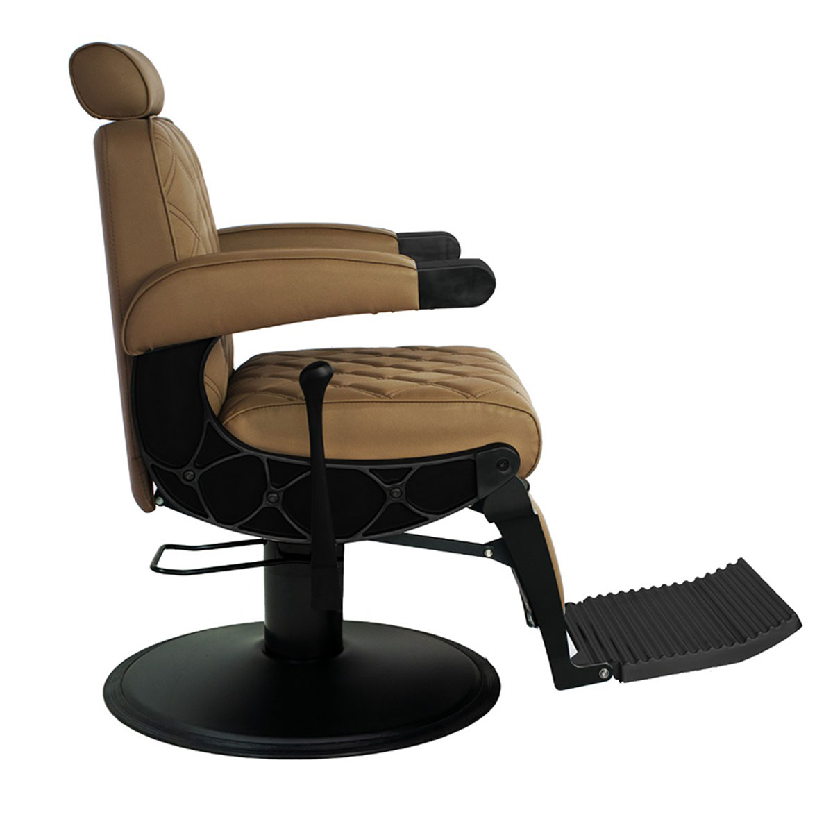 Siège de barbier réglable en hauteur par pompe hydraulique et en position allongée, en métal noir et finition skaï marron taupe