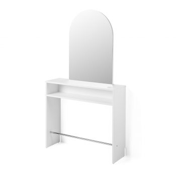 Coiffeuse murale avec miroir arronid et structure en stratifié avec porte séchoir et repose pieds chromés intégrés