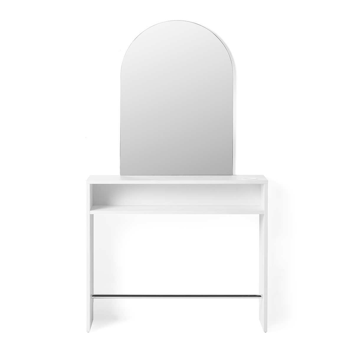 Coiffeuse murale avec miroir arronid et structure en stratifié avec porte séchoir et repose pieds chromés intégrés