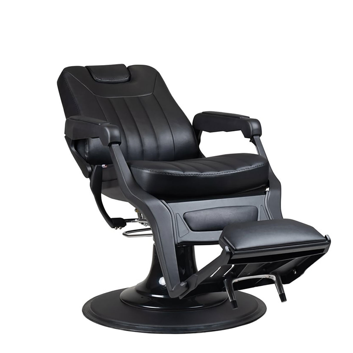 fauteuil barbier full black avec têtière intégrée dans le dossier inclinable, élégant et moderne