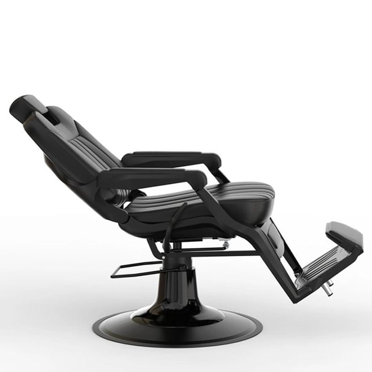 fauteuil barbier full black avec têtière intégrée dans le dossier inclinable, élégant et moderne