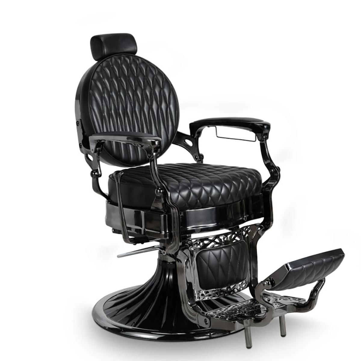 Siège de barber shop noir capitonné en losange, élégant et vintage