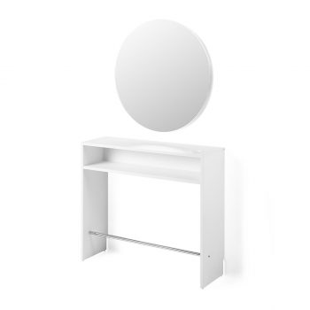 poste de coiffage mural avec structure stratifié intégrant porte séchoir, repose pied et d'un grand miroir rond de 80 cm avec ou sans éclairage led