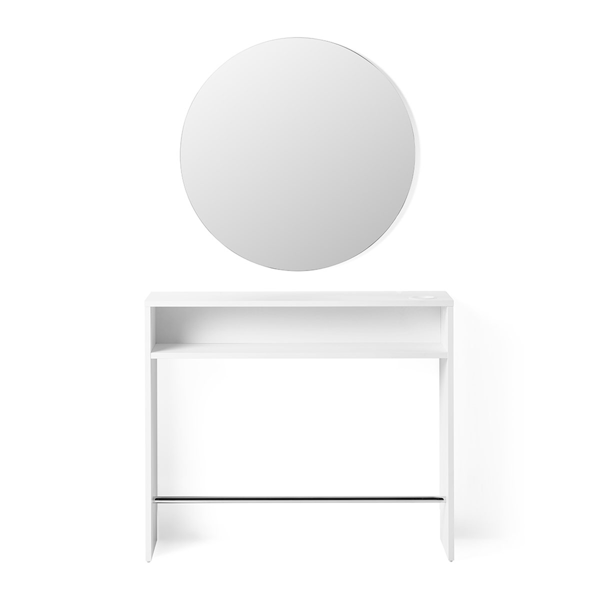 poste de coiffage mural avec structure stratifié intégrant porte séchoir, repose pied et d'un grand miroir rond de 80 cm avec ou sans éclairage led