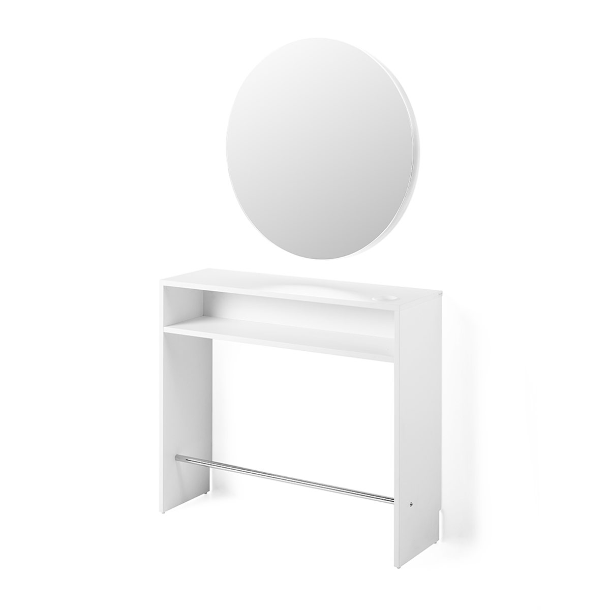 poste de coiffage mural avec structure stratifié intégrant porte séchoir, repose pied et d'un grand miroir rond de 80 cm avec ou sans éclairage led