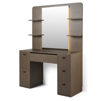 Poste de coiffage et barbier en stratifié avec grand miroir, étagères et tiroirs et option éclairage led
