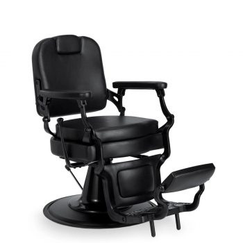 Fauteuil de barbier avec pompe hydraulique, dossier inclinable, repose-tête intégré réglable, accoudoirs et repose-pieds, revêtement noir.