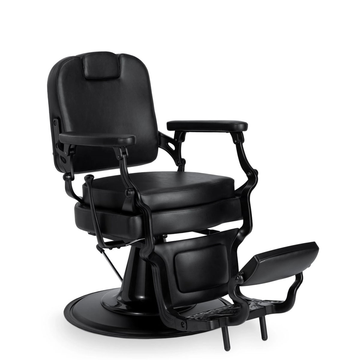 Fauteuil de barbier avec pompe hydraulique, dossier inclinable, repose-tête intégré réglable, accoudoirs et repose-pieds, revêtement noir.