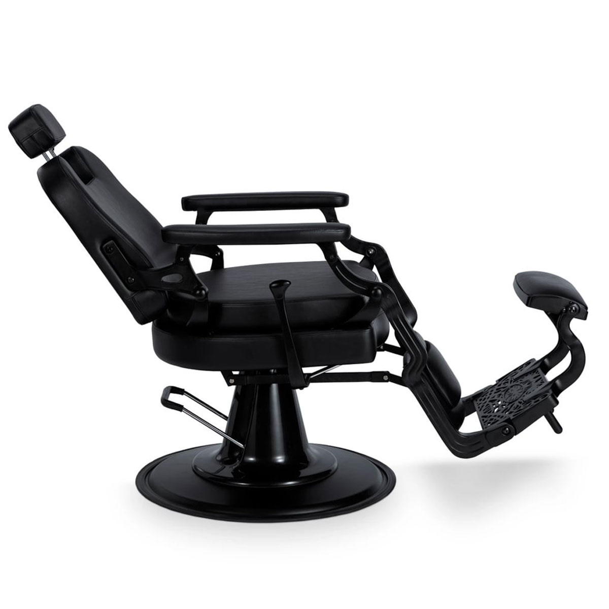 Fauteuil de barbier avec pompe hydraulique, dossier inclinable, repose-tête intégré réglable, accoudoirs et repose-pieds, revêtement noir.