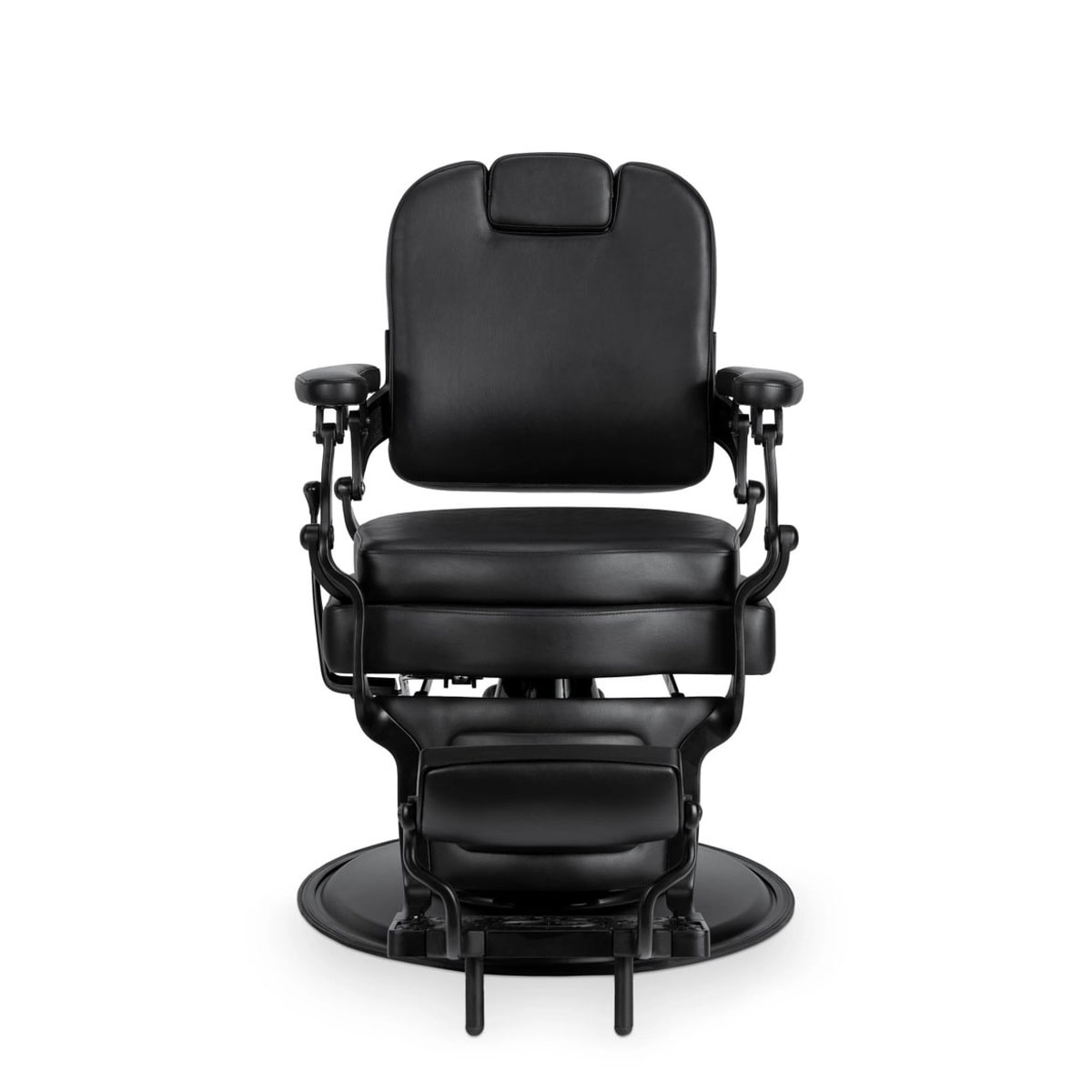 Fauteuil de barbier avec pompe hydraulique, dossier inclinable, repose-tête intégré réglable, accoudoirs et repose-pieds, revêtement noir.