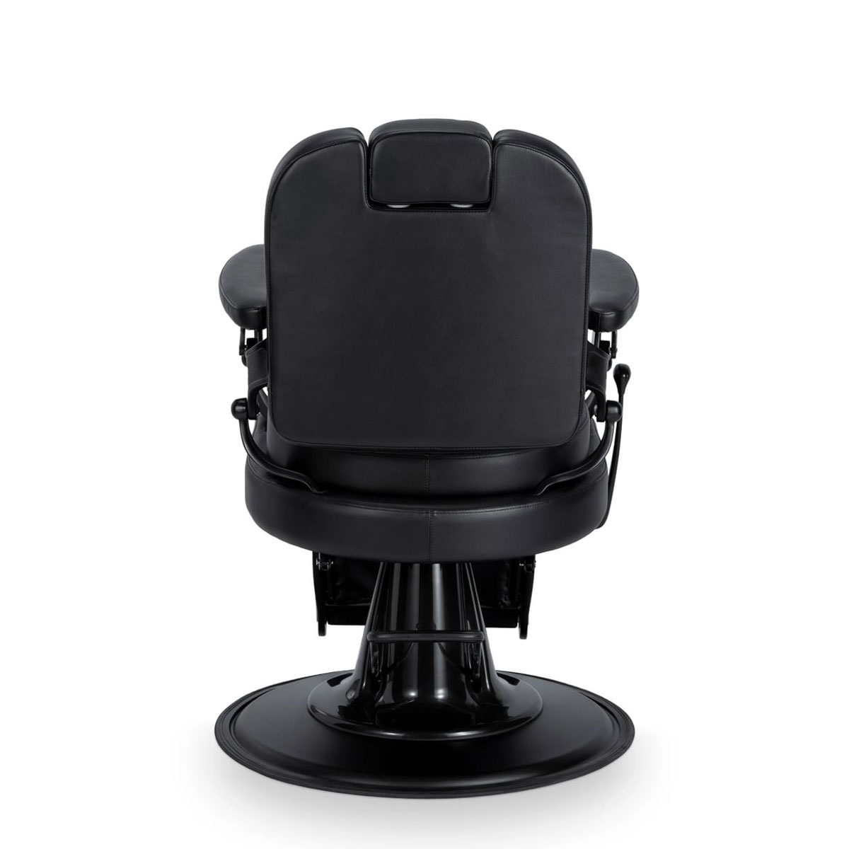 Fauteuil de barbier avec pompe hydraulique, dossier inclinable, repose-tête intégré réglable, accoudoirs et repose-pieds, revêtement noir.