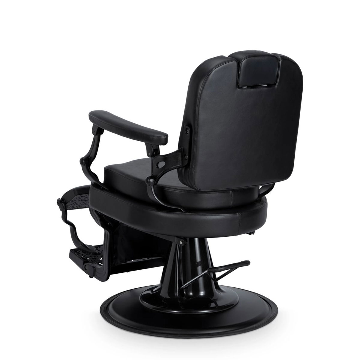 Fauteuil de barbier avec pompe hydraulique, dossier inclinable, repose-tête intégré réglable, accoudoirs et repose-pieds, revêtement noir.