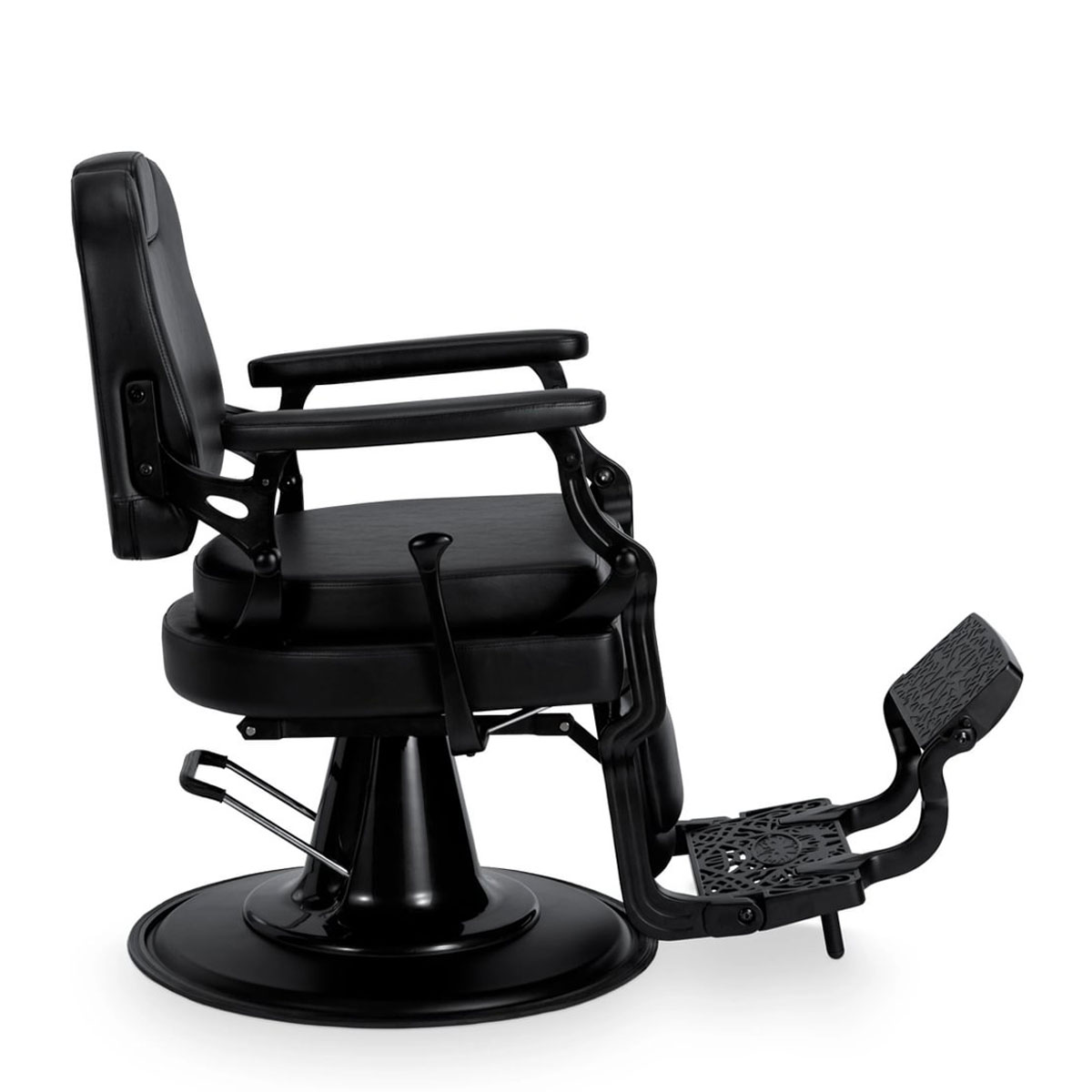 Fauteuil de barbier avec pompe hydraulique, dossier inclinable, repose-tête intégré réglable, accoudoirs et repose-pieds, revêtement noir.