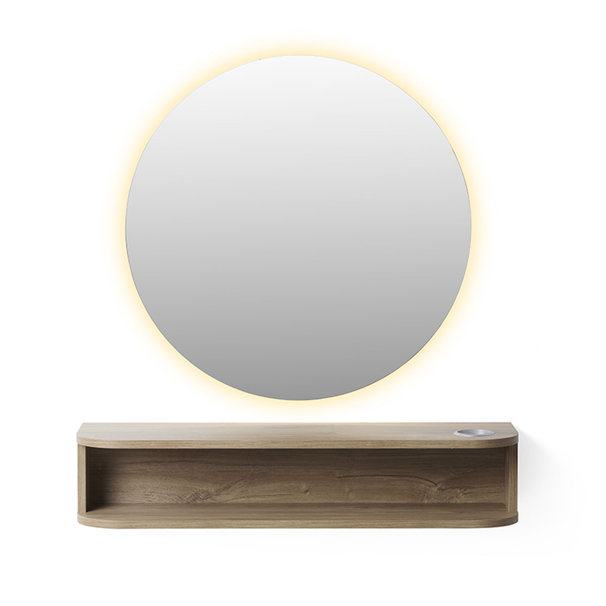 Poste de coiffage avec grand miroir rond et structure en stratifié arrondi avec porte séchoir, prises électriques