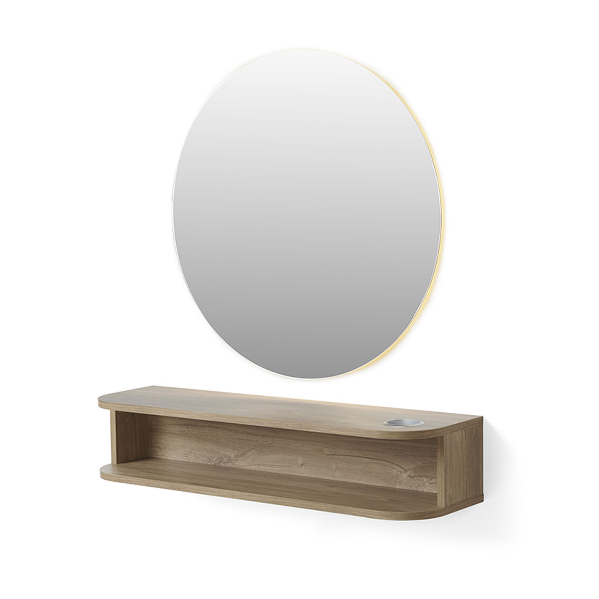 Poste de coiffage avec grand miroir rond et structure en stratifié arrondi avec porte séchoir, prises électriques