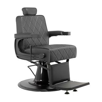 Siège barbier inclinable et réglable en hauteur, finition full black avec assise et dossier capitonnés en formes de losanges