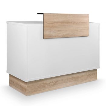 Comptoir de réception blanc avec finition bois naturel, plateau surélevé, rangements intérieurs, tablette clavier extractible et tiroir sécurisé.