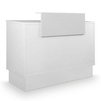 Comptoir de réception full white avec structure en stratifié blanc, socle et tablette en effet bois blanc, étagères de rangements, tiroir à serrure