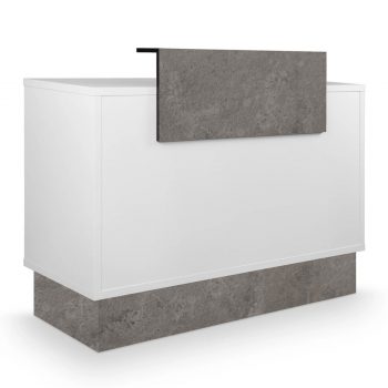 comptoir d''accueil structure en stratifié blanc avec base et comptoir effet béton ciré gris, rangements et tiroir à serrure