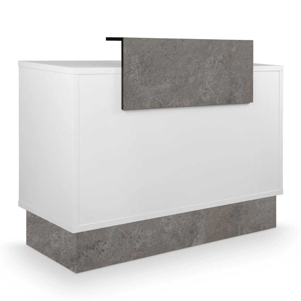 comptoir d''accueil structure en stratifié blanc avec base et comptoir effet béton ciré gris, rangements et tiroir à serrure