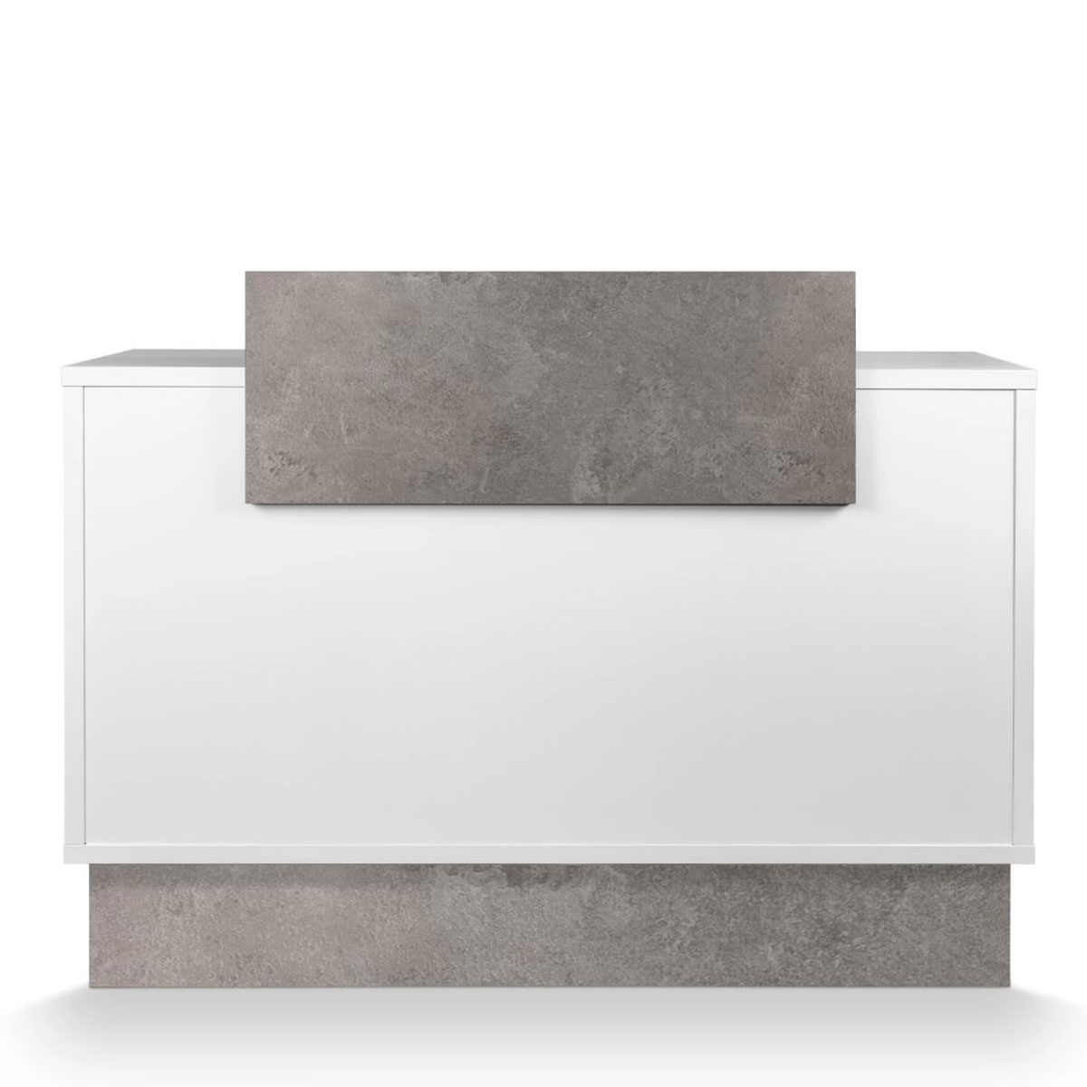comptoir d''accueil structure en stratifié blanc avec base et comptoir effet béton ciré gris, rangements et tiroir à serrure