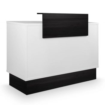 Comptoir de réception blanc et noir en bois stratifié, avec base et plateau effet bois noir, rangements intégrés, tablette clavier coulissante et tiroir sécurisé, idéal pour salon de coiffure ou barbier.