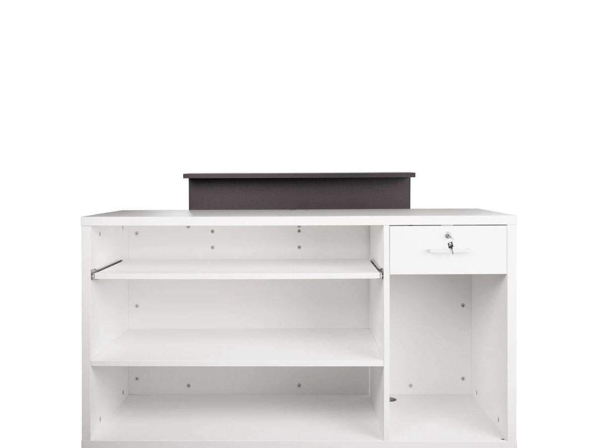 comptoir d''accueil structure en stratifié blanc rangements et tiroir à serrure