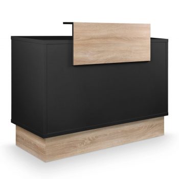 Comptoir de réception structure stratifié noir et effet bois naturel, étagères de rangement et tiroir à serrure intégrés