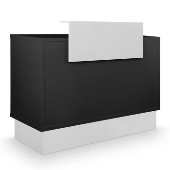 Comptoir d'accueil contemporain structure noir avec base et comptoir effet bois blanc, rangements et tiroir a clé sécurisé
