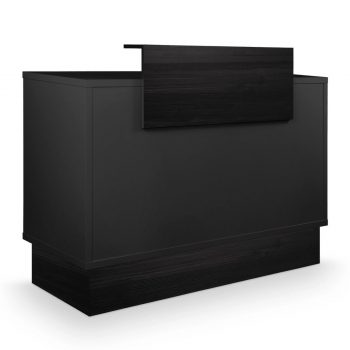 Meuble d’accueil full black en bois stratifié noir, comptoir et base effet bois noir résistants aux rayures, avec rangements intégrés et tiroir sécurisé, idéal pour salon de coiffure ou barbier.