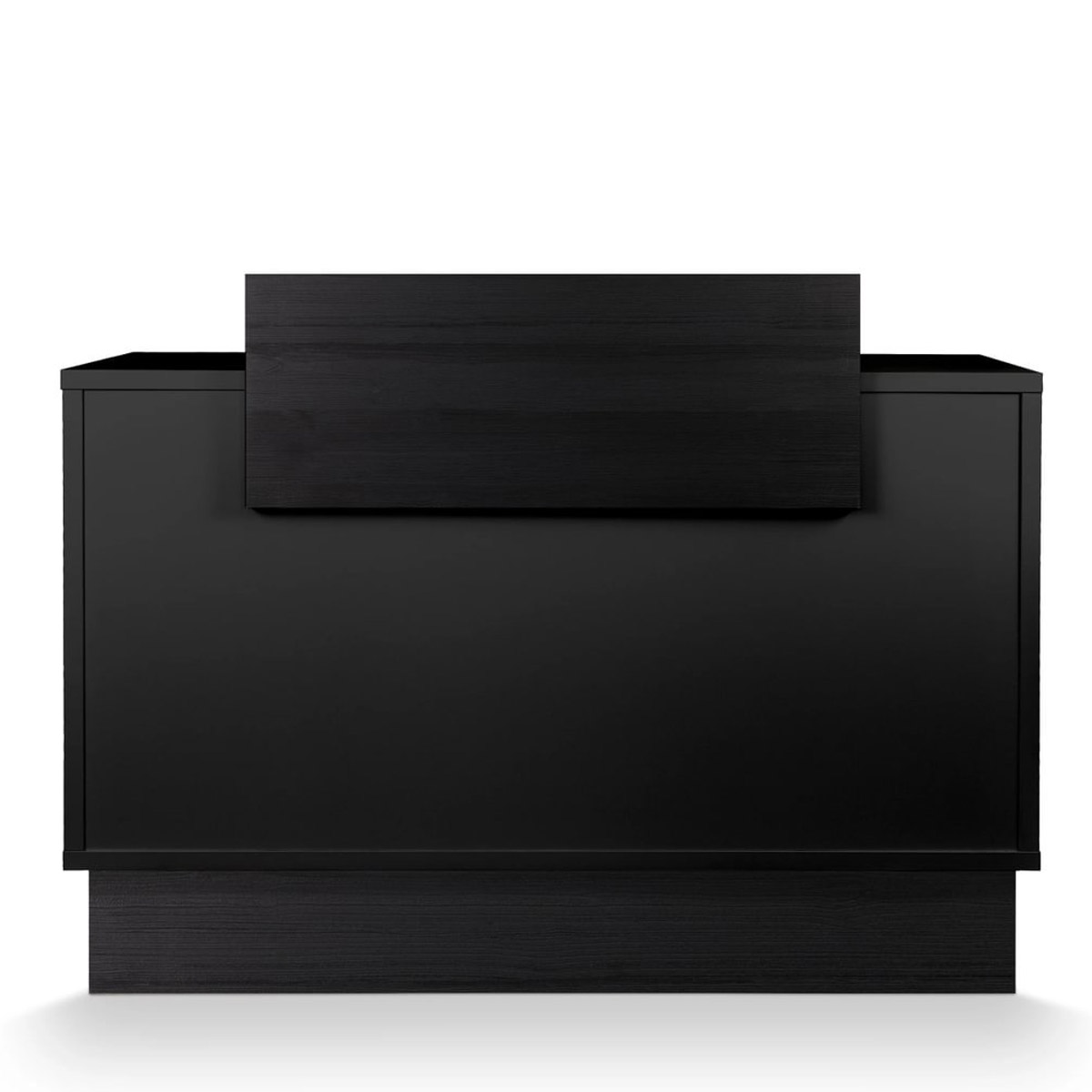 Meuble d’accueil full black en bois stratifié noir, comptoir et base effet bois noir résistants aux rayures, avec rangements intégrés et tiroir sécurisé, idéal pour salon de coiffure ou barbier.