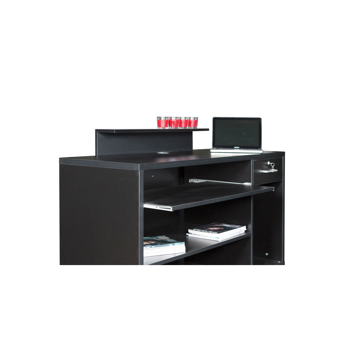 Meuble d’accueil full black en bois stratifié noir, comptoir et base effet bois noir résistants aux rayures, avec rangements intégrés et tiroir sécurisé, idéal pour salon de coiffure ou barbier.