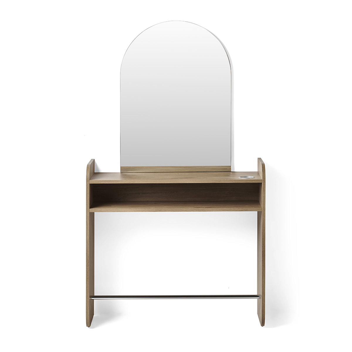 Poste mural une place avec structure en stratifié zone de rangement, porte sèche cheveux, repose pieds et grand miroir en forme d'arche