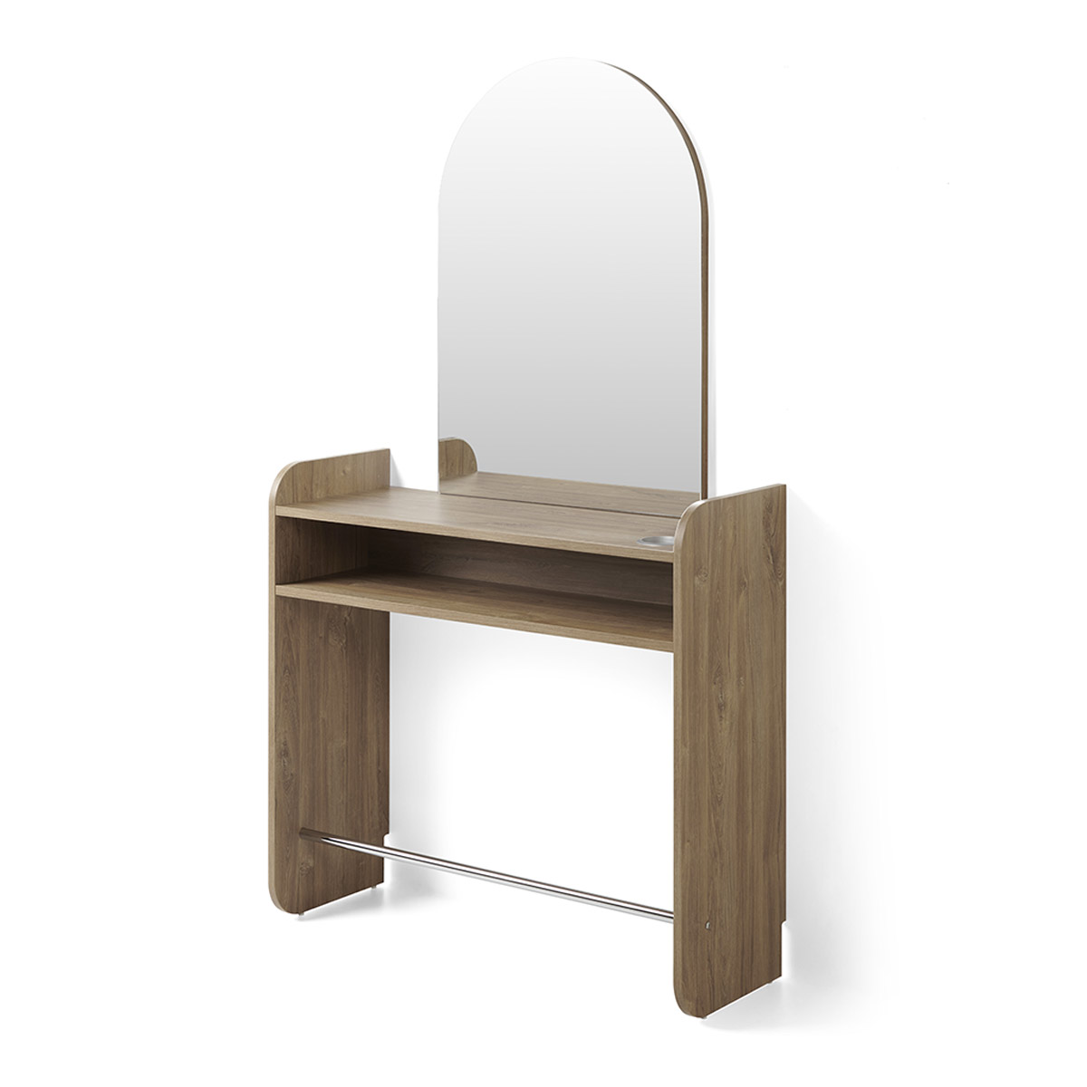 Poste mural une place avec structure en stratifié zone de rangement, porte sèche cheveux, repose pieds et grand miroir en forme d'arche