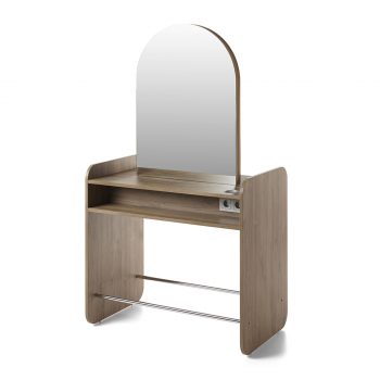 Poste centrale 2 places avec deux grands miroirs doubles faces arrondis sur le dessus, meuble en stratifié avec rangement, porte séchoir et repose pied