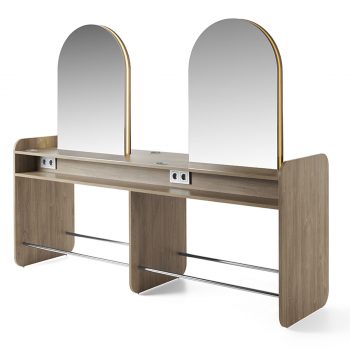 Poste centrale 4 places avec deux grands miroirs doubles faces arrondis sur le dessus, meuble en stratifié avec rangement, porte séchoir et repose pied